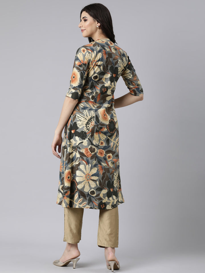 Neerus Grey floral printed straight kurti - side view