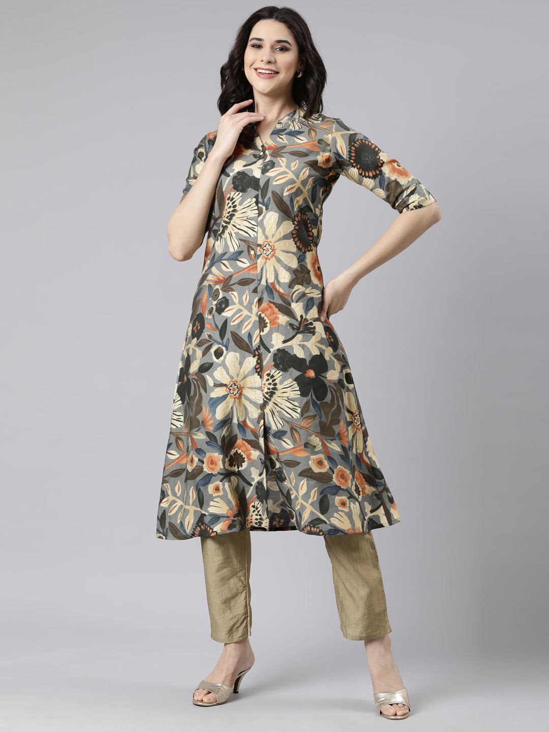 Neerus Grey floral printed straight kurti - detail view 2