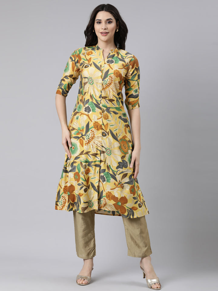 Neerus Yellow Regular Straight Floral Kurtas