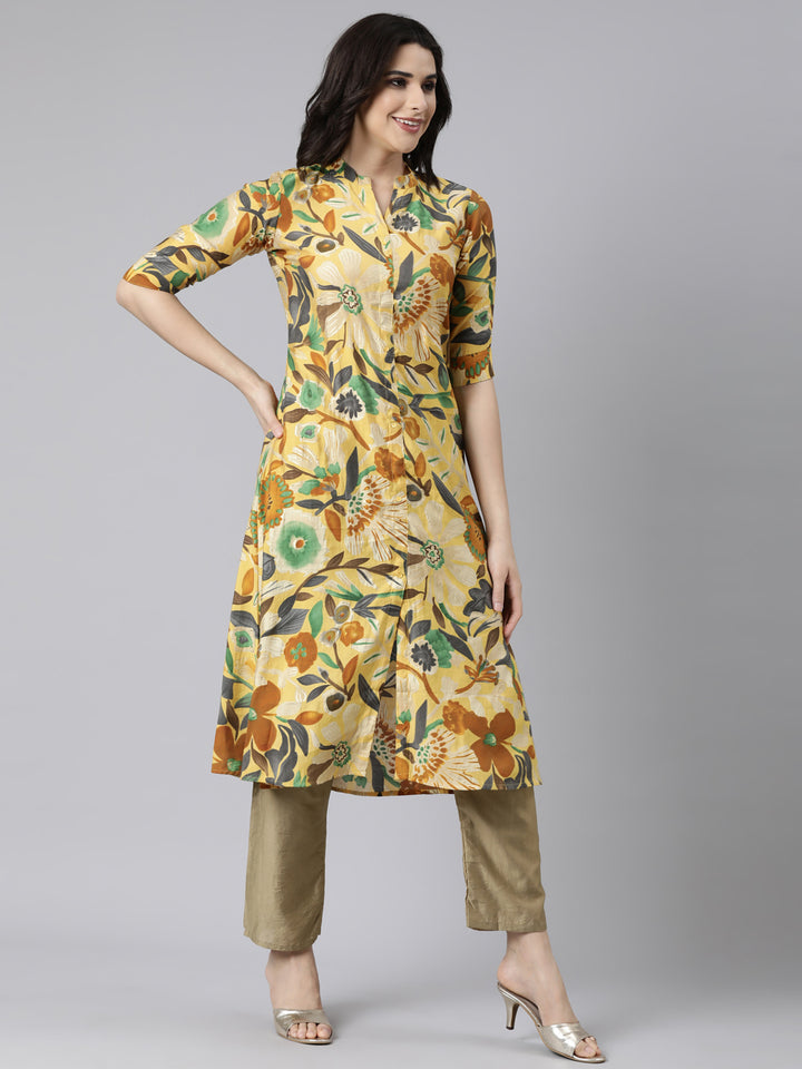 Neerus Yellow Regular Straight Floral Kurtas