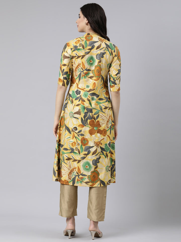 Neerus Yellow Regular Straight Floral Kurtas
