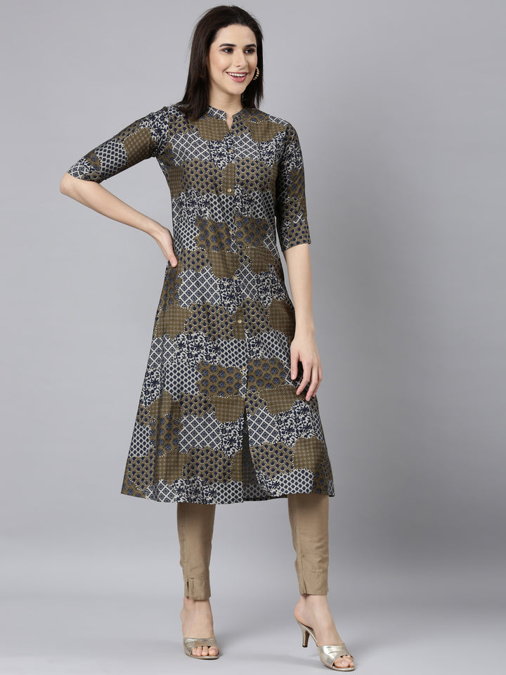 Neerus Blue Regular Straight Geometric Kurtas