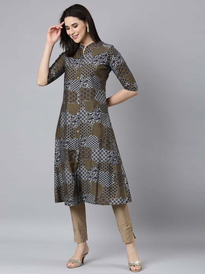Neerus Blue Regular Straight Geometric Kurtas