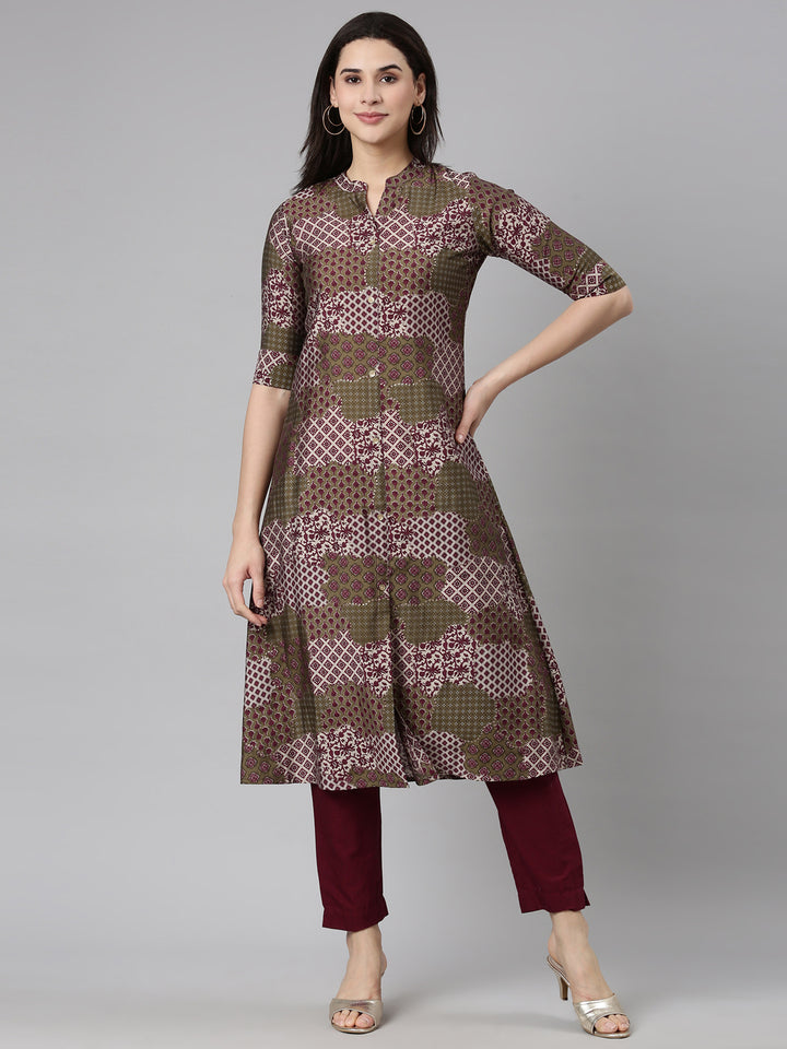 Neerus Purple geometric printed straight kurti - front view