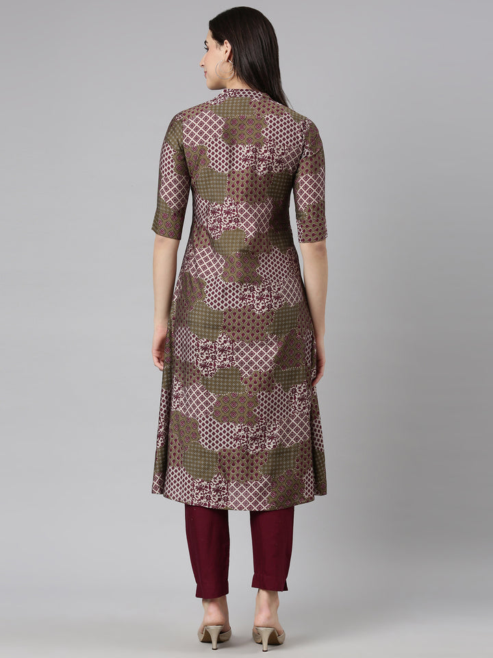 Neerus Purple geometric printed straight kurti - side view