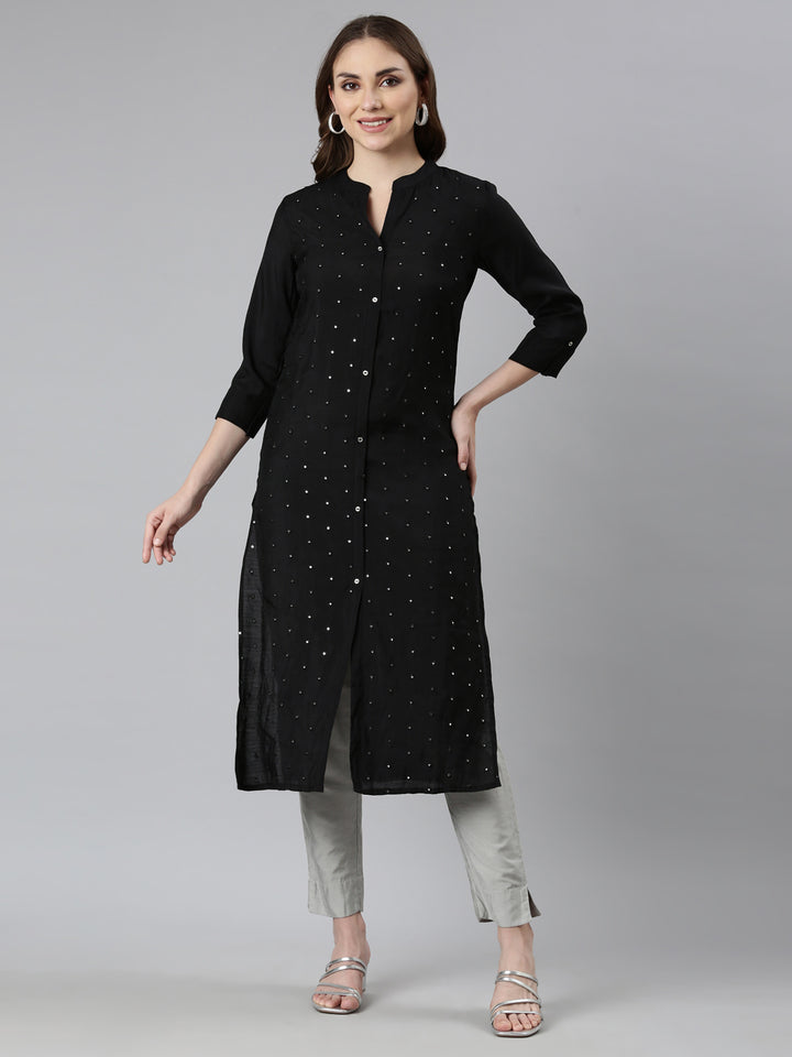 Neerus Black raw silk embellished straight kurti - front view