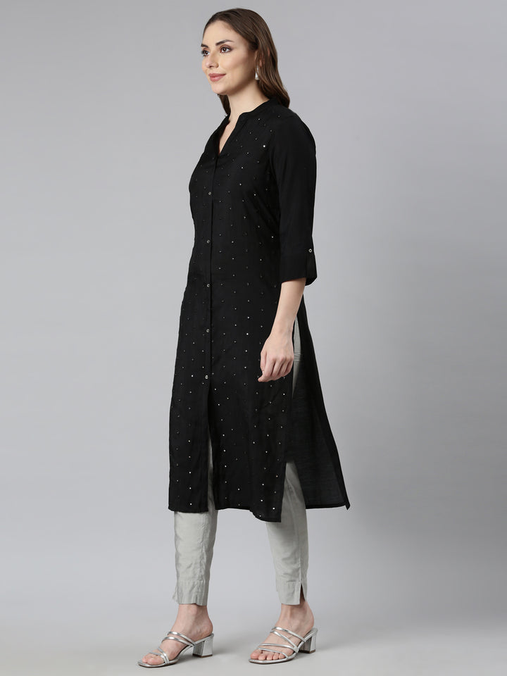Neerus Black raw silk embellished straight kurti - back view