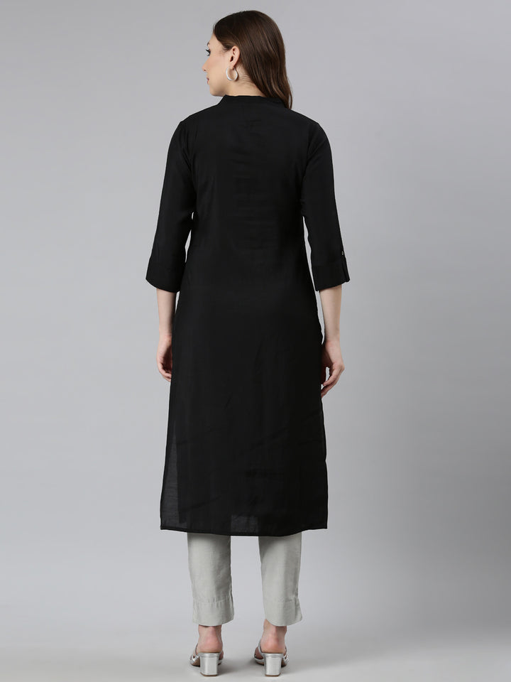 Neerus Black raw silk embellished straight kurti - side view