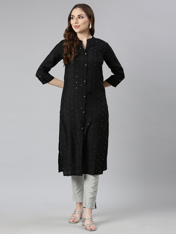 Neerus Black raw silk embellished straight kurti - detail view 2