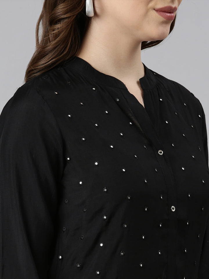 Neerus Black raw silk embellished straight kurti - detail view 1