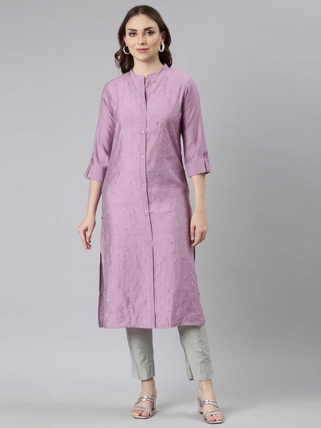 Neerus Purple embellished straight panelled kurti - front view