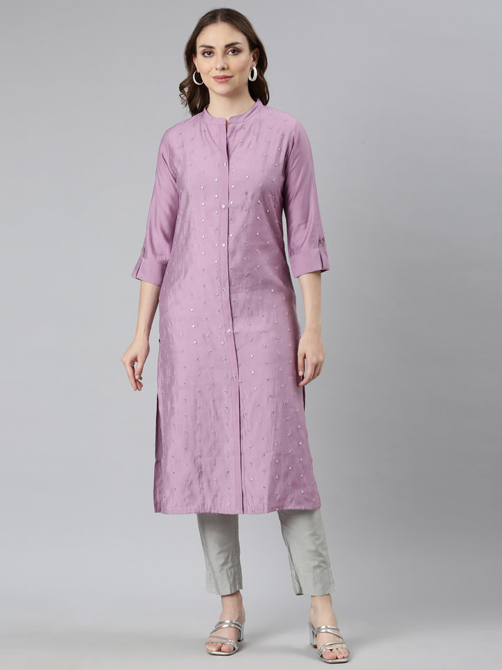 Neerus Purple embellished straight panelled kurti - front view