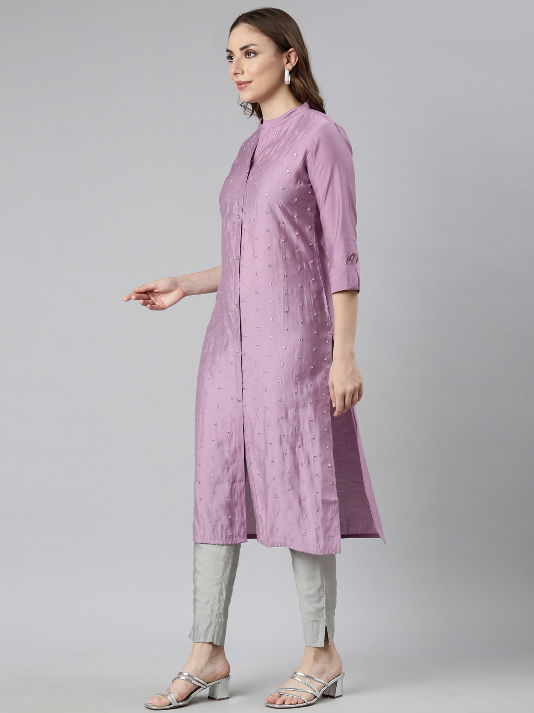 Neerus Purple embellished straight panelled kurti - back view