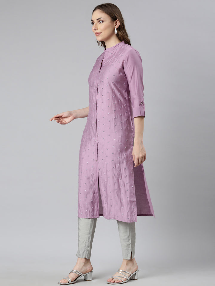 Neerus Purple embellished straight panelled kurti - back view