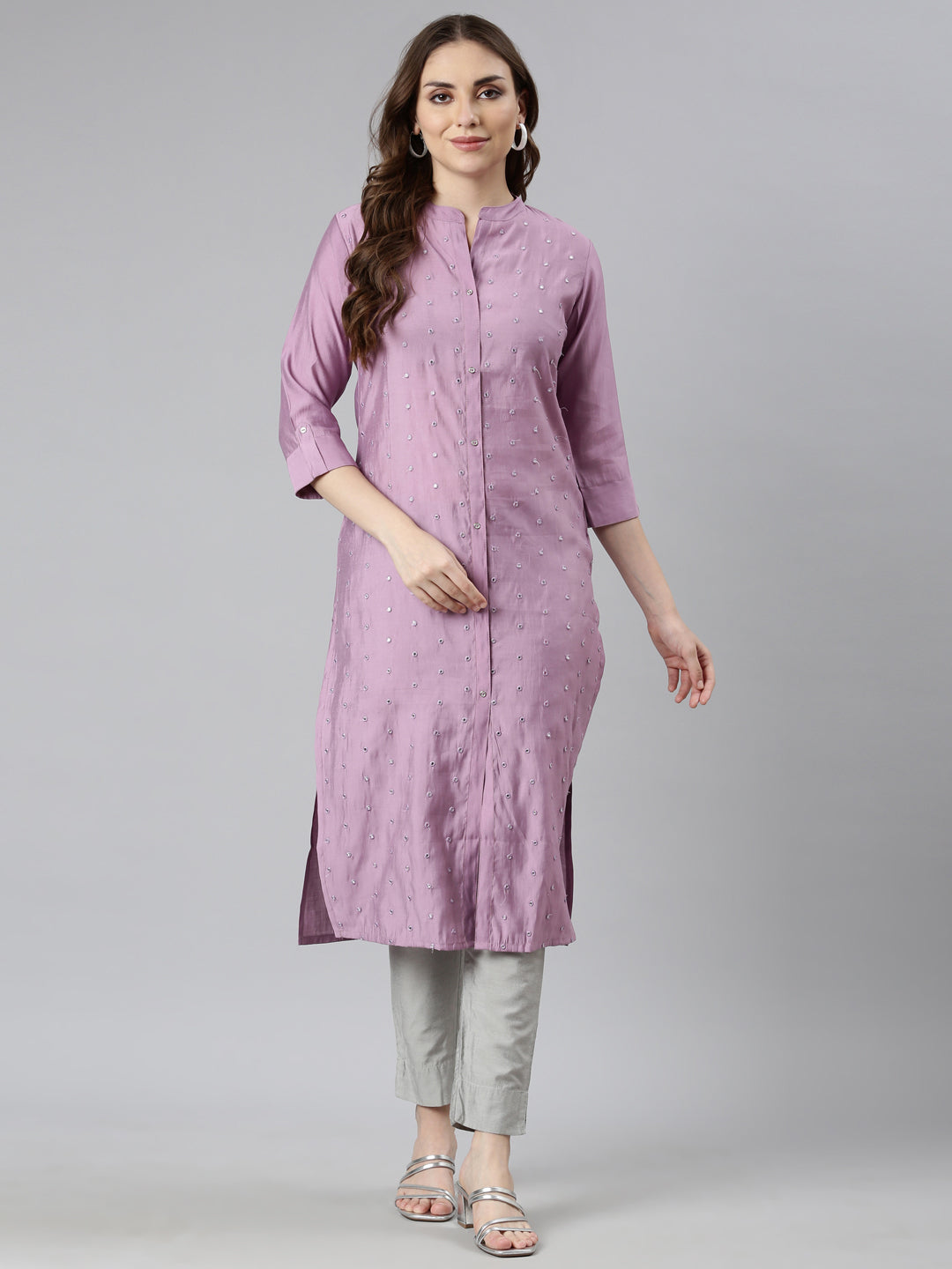 Neerus Purple embellished straight panelled kurti - detail view 1