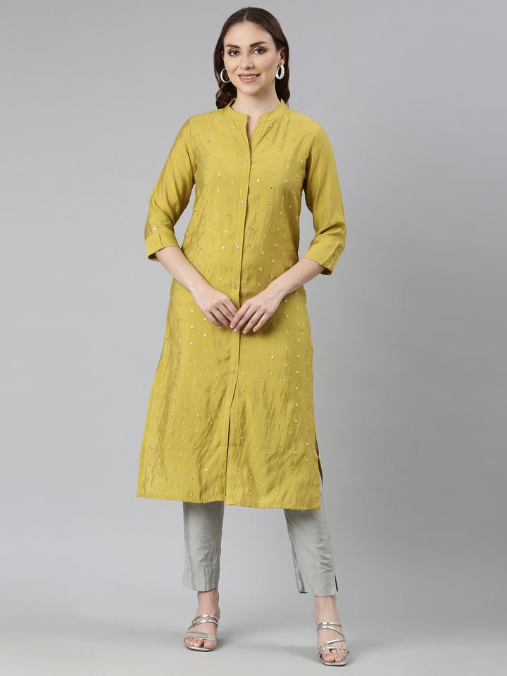 Neerus Green embellished straight panelled kurti - front view