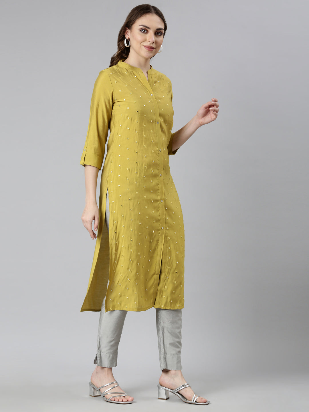 Neerus Green embellished straight panelled kurti - back view