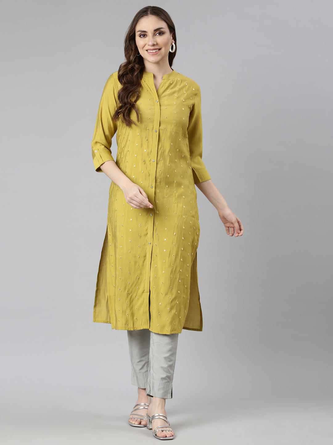 Neerus Green embellished straight panelled kurti - detail view 1