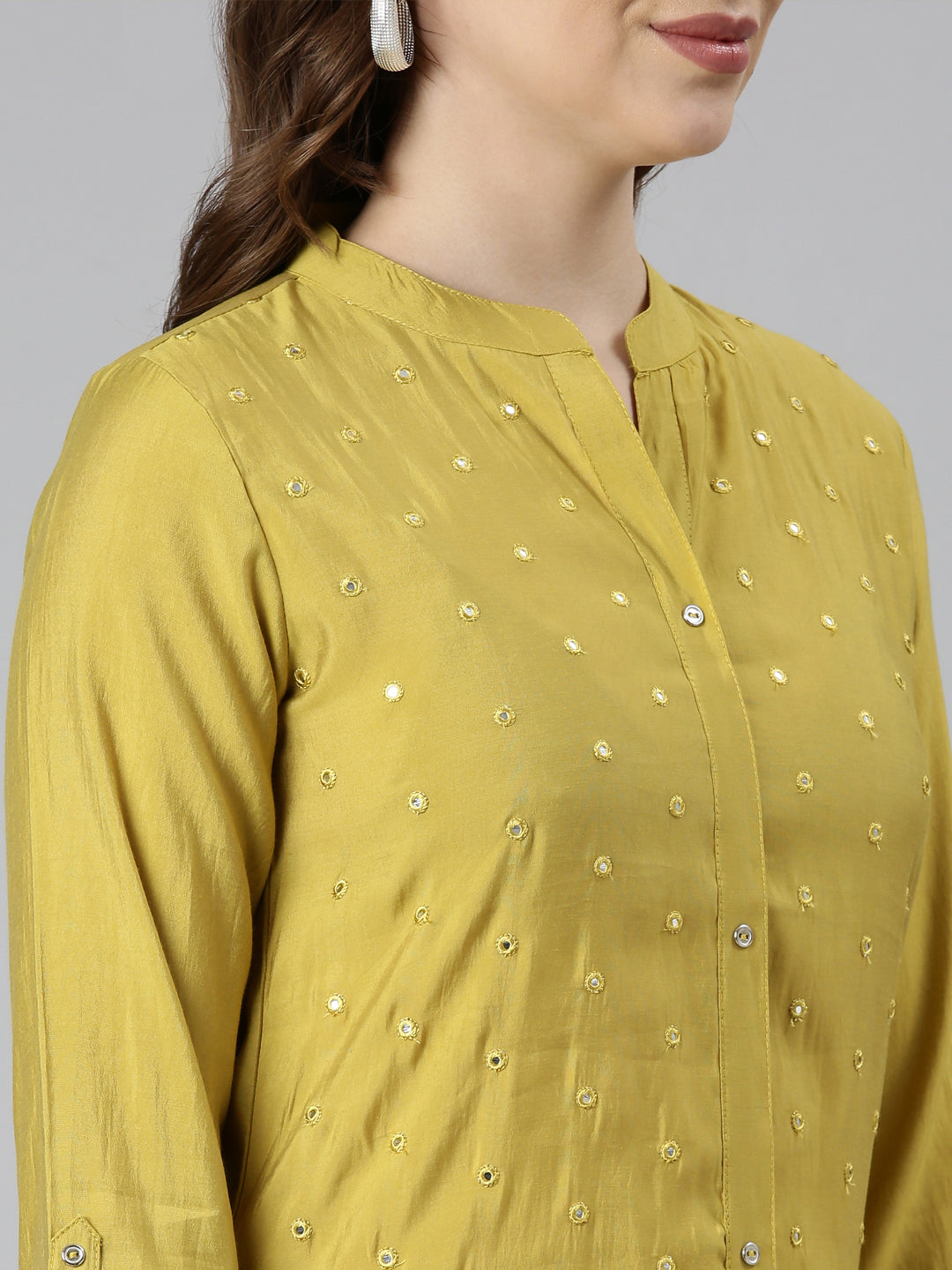 Neerus Green embellished straight panelled kurti - detail view 2