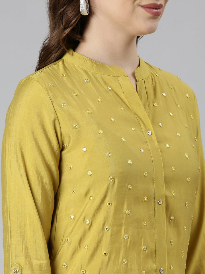 Neerus Green embellished straight panelled kurti - detail view 2
