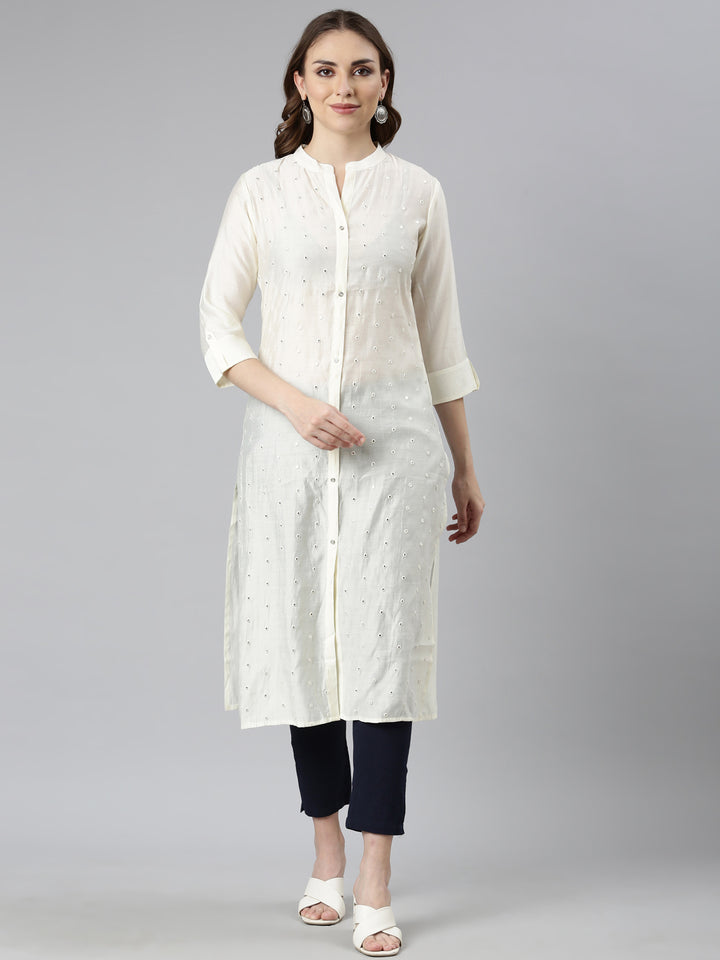 Neerus Off White Panelled Straight Embellished Kurtas
