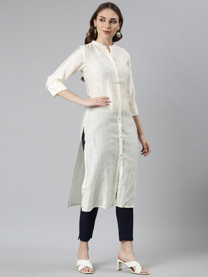 Neerus Off White Panelled Straight Embellished Kurtas