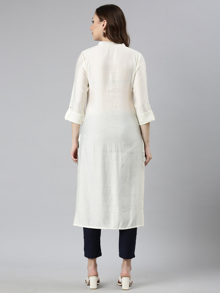 Neerus Off White Panelled Straight Embellished Kurtas