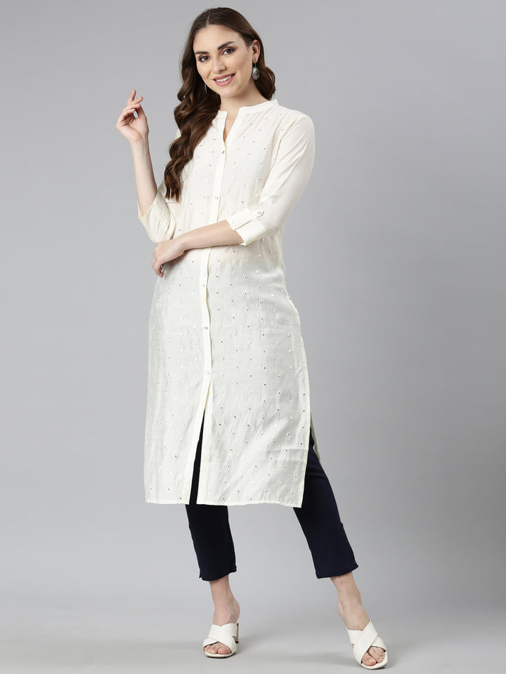 Neerus Off White Panelled Straight Embellished Kurtas