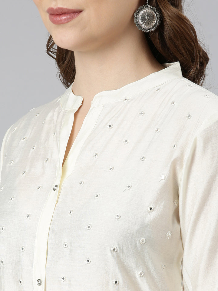 Neerus Off White Panelled Straight Embellished Kurtas