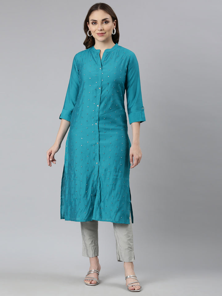 Neerus Blue embellished straight kurta panelled design - front view