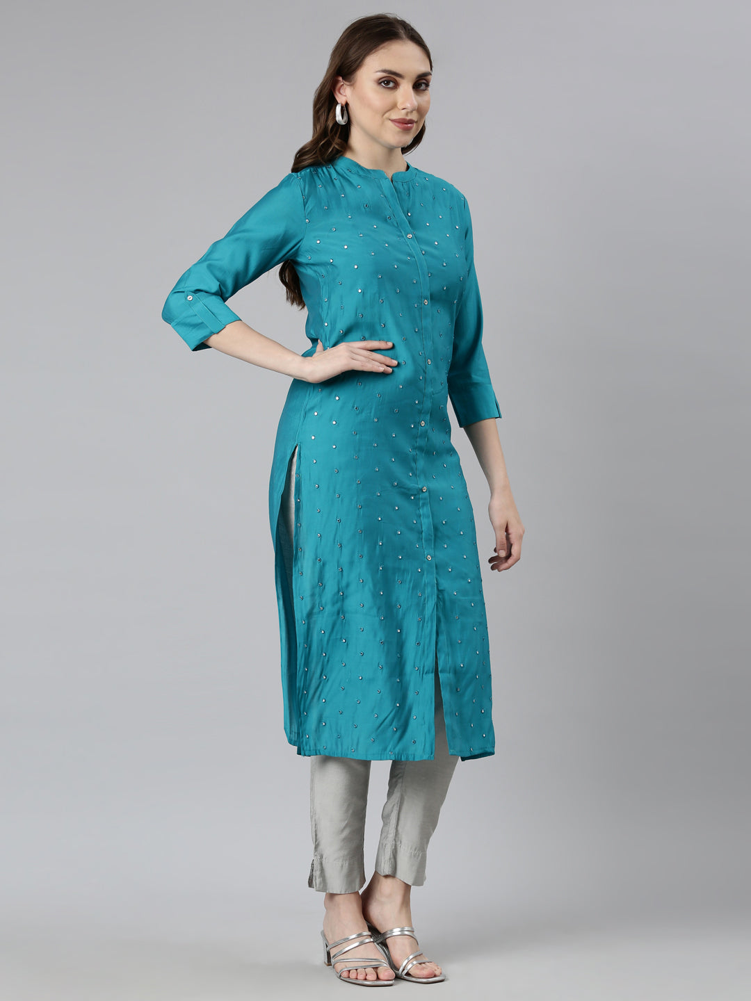 Neerus Blue embellished straight kurta panelled design - back view