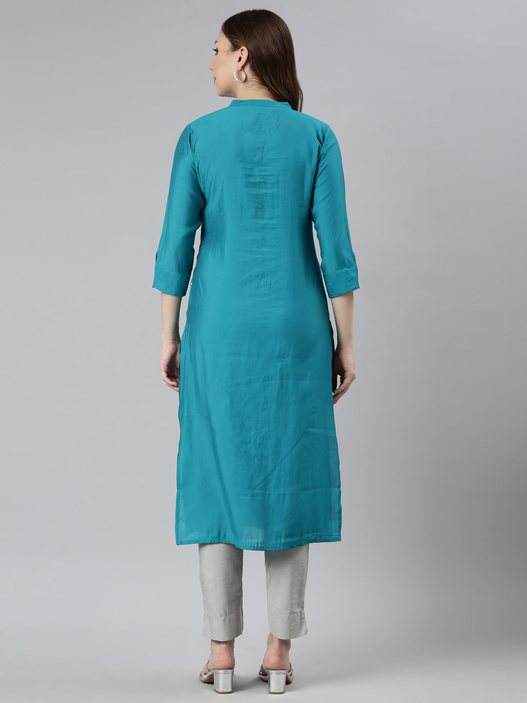 Neerus Blue embellished straight kurta panelled design - side view