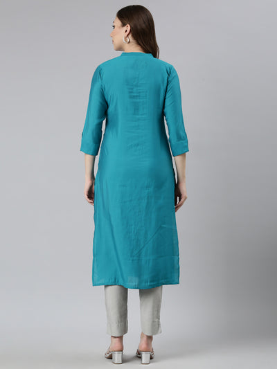 Neerus Blue Panelled Straight Embellished Kurtas
