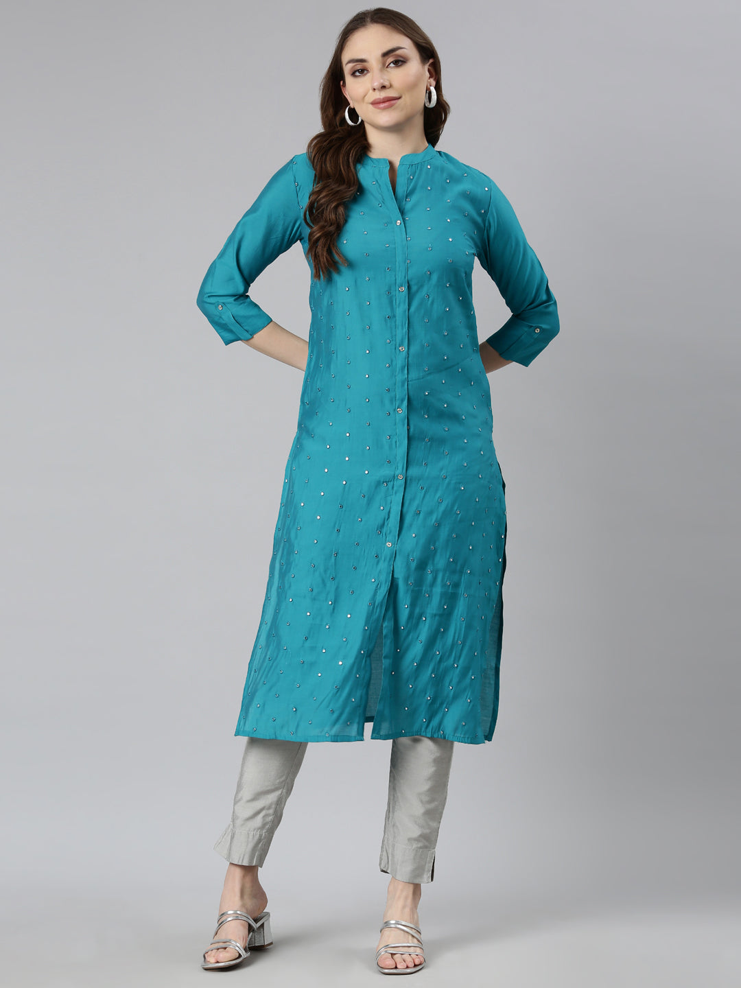 Neerus Blue embellished straight kurta panelled design - detail view 1