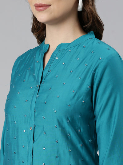 Neerus Blue Panelled Straight Embellished Kurtas