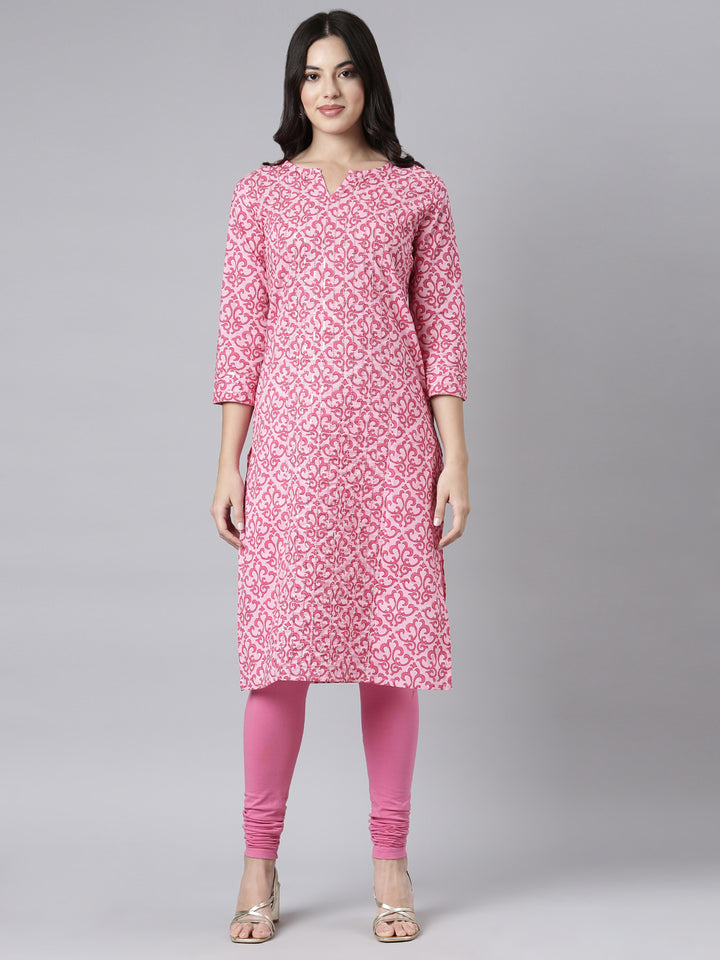 Neerus Pink floral printed straight kurti - front view