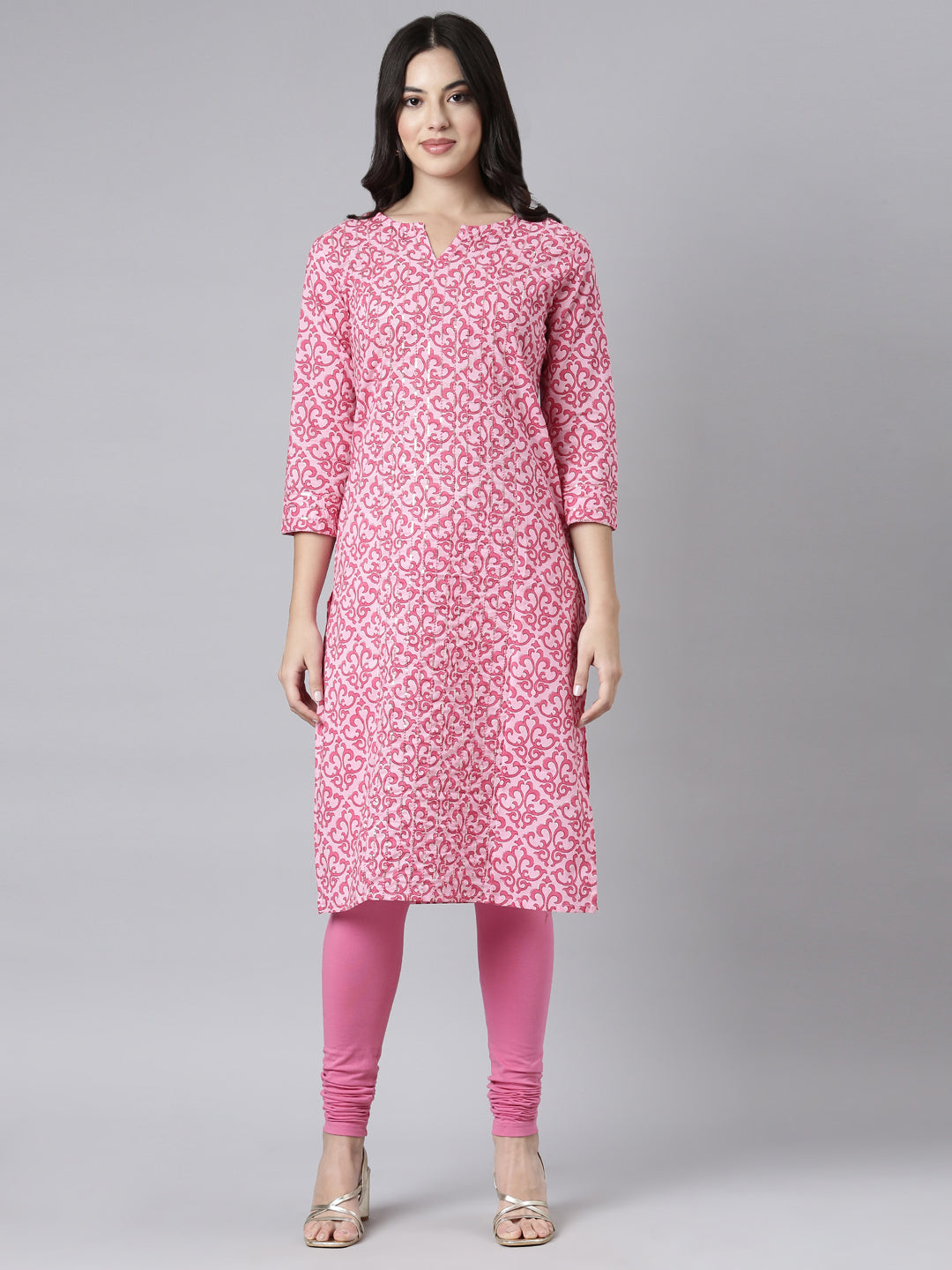 Neerus Pink Regular Straight Floral Kurtas