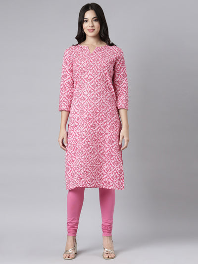Neerus Pink Regular Straight Floral Kurtas