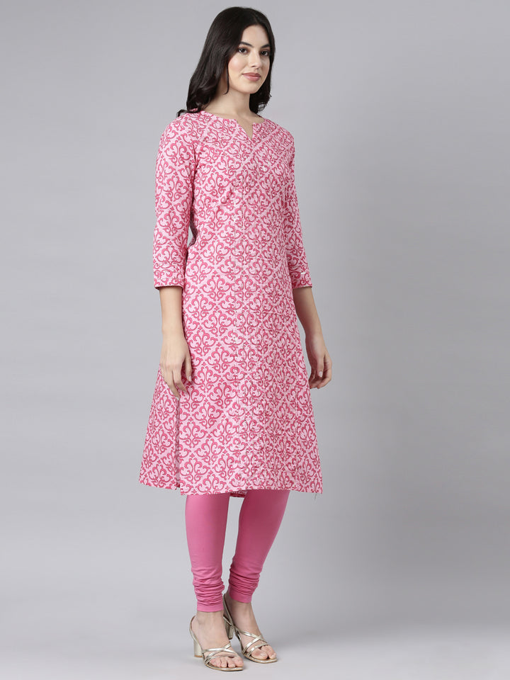Neerus Pink floral printed straight kurti - back view