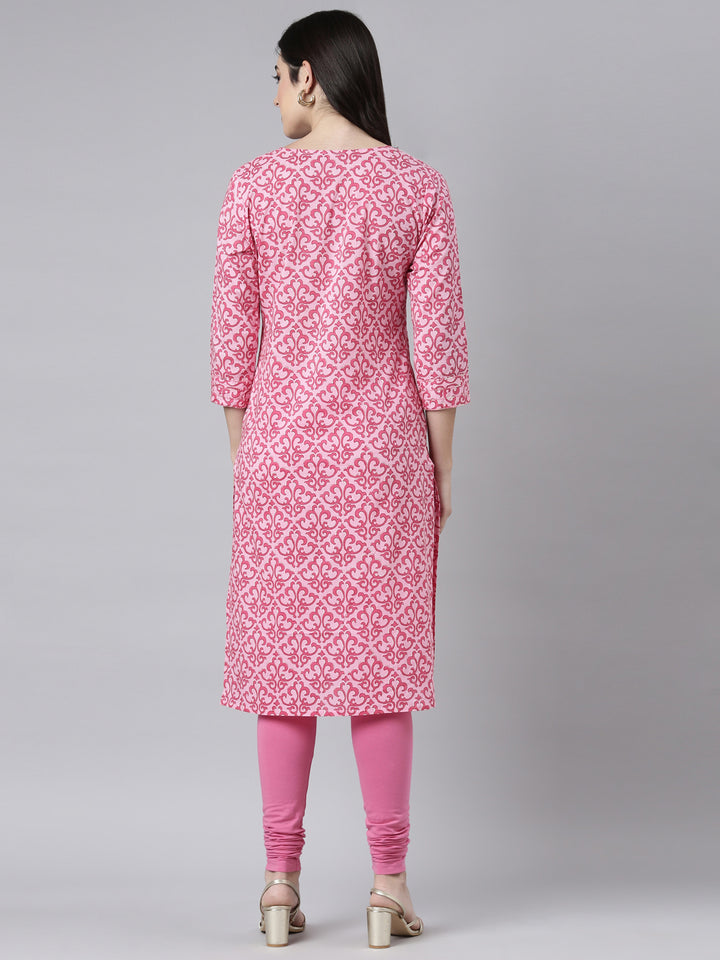 Neerus Pink floral printed straight kurti - side view