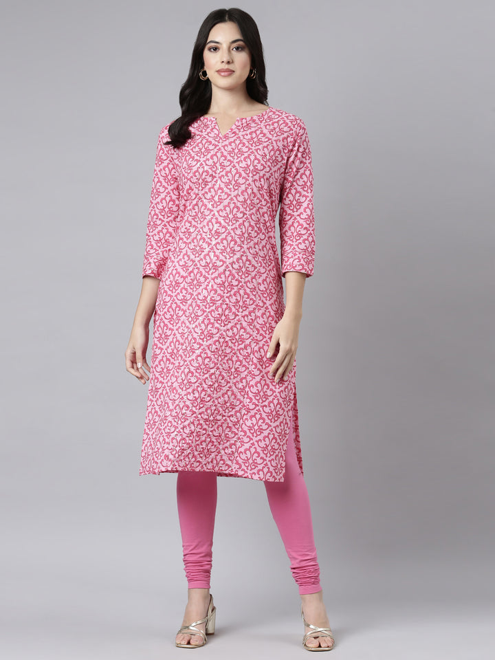 Neerus Pink floral printed straight kurti - detail view 2