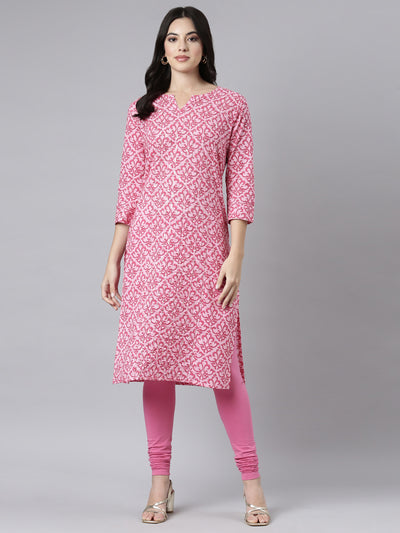Neerus Pink Regular Straight Floral Kurtas
