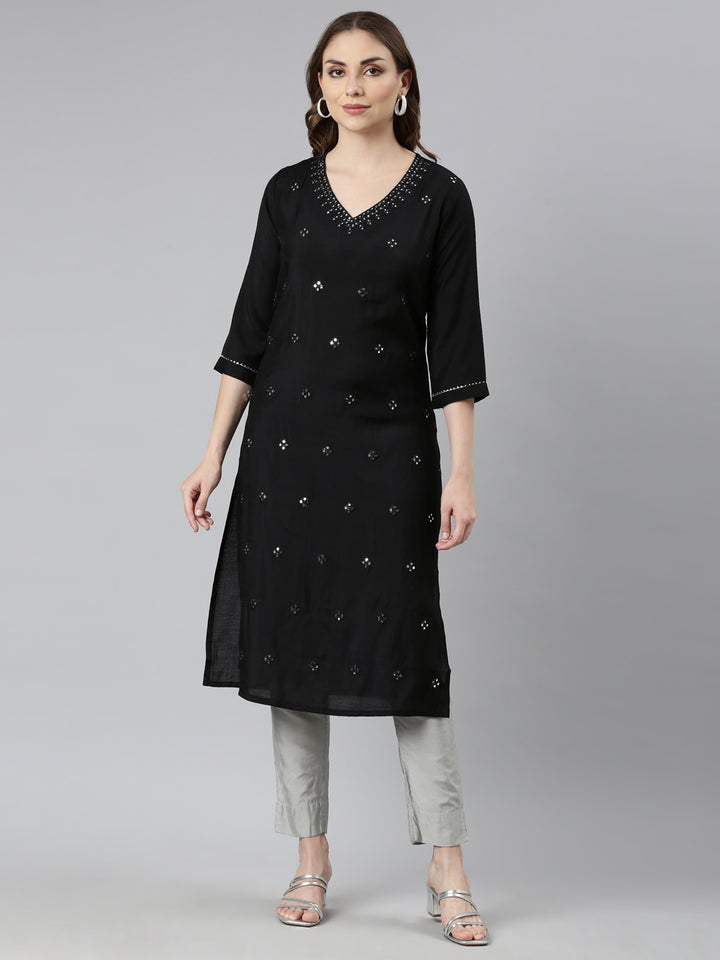 Neerus Black embellished straight panelled kurti - front view