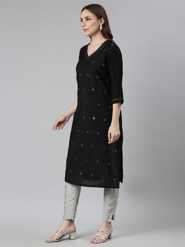 Neerus Black embellished straight panelled kurti - back view