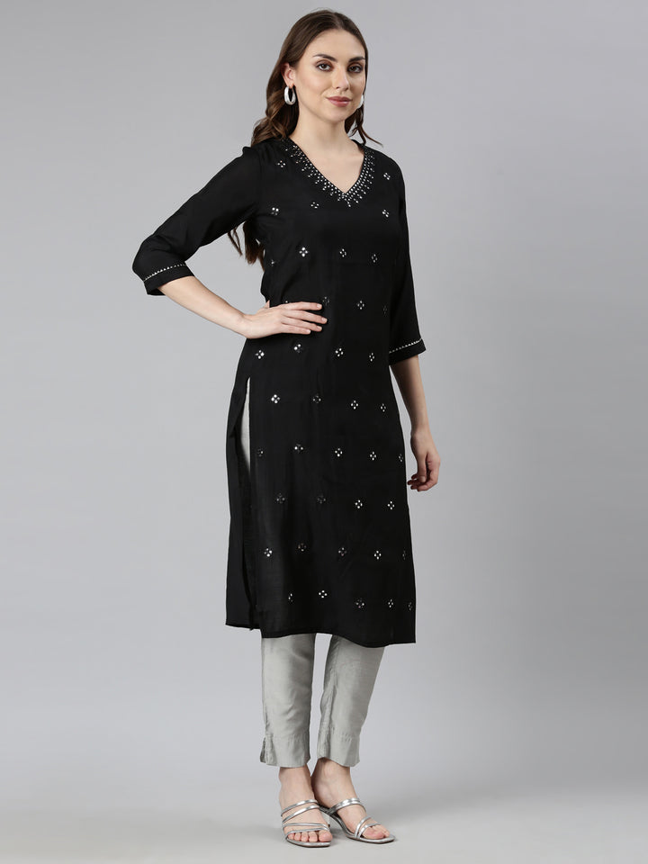 Neerus Black embellished straight panelled kurti - side view