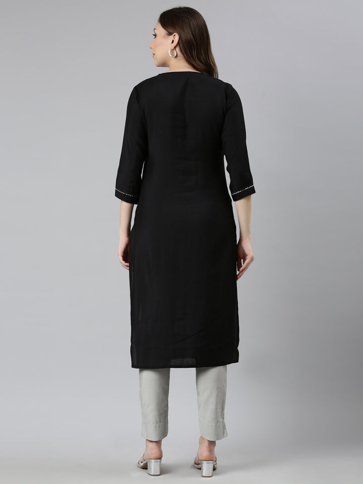 Neerus Black embellished straight panelled kurti - detail view 1