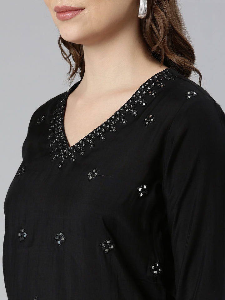 Neerus Black embellished straight panelled kurti - detail view 2