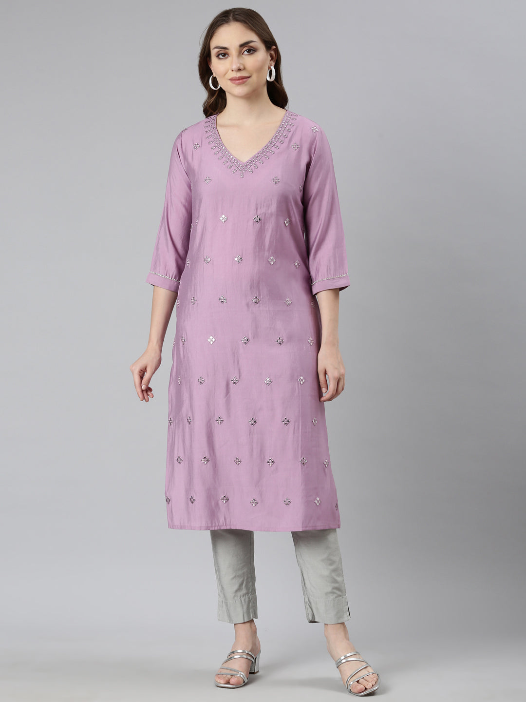 Neerus Lavender Panelled Straight Embellished Kurta