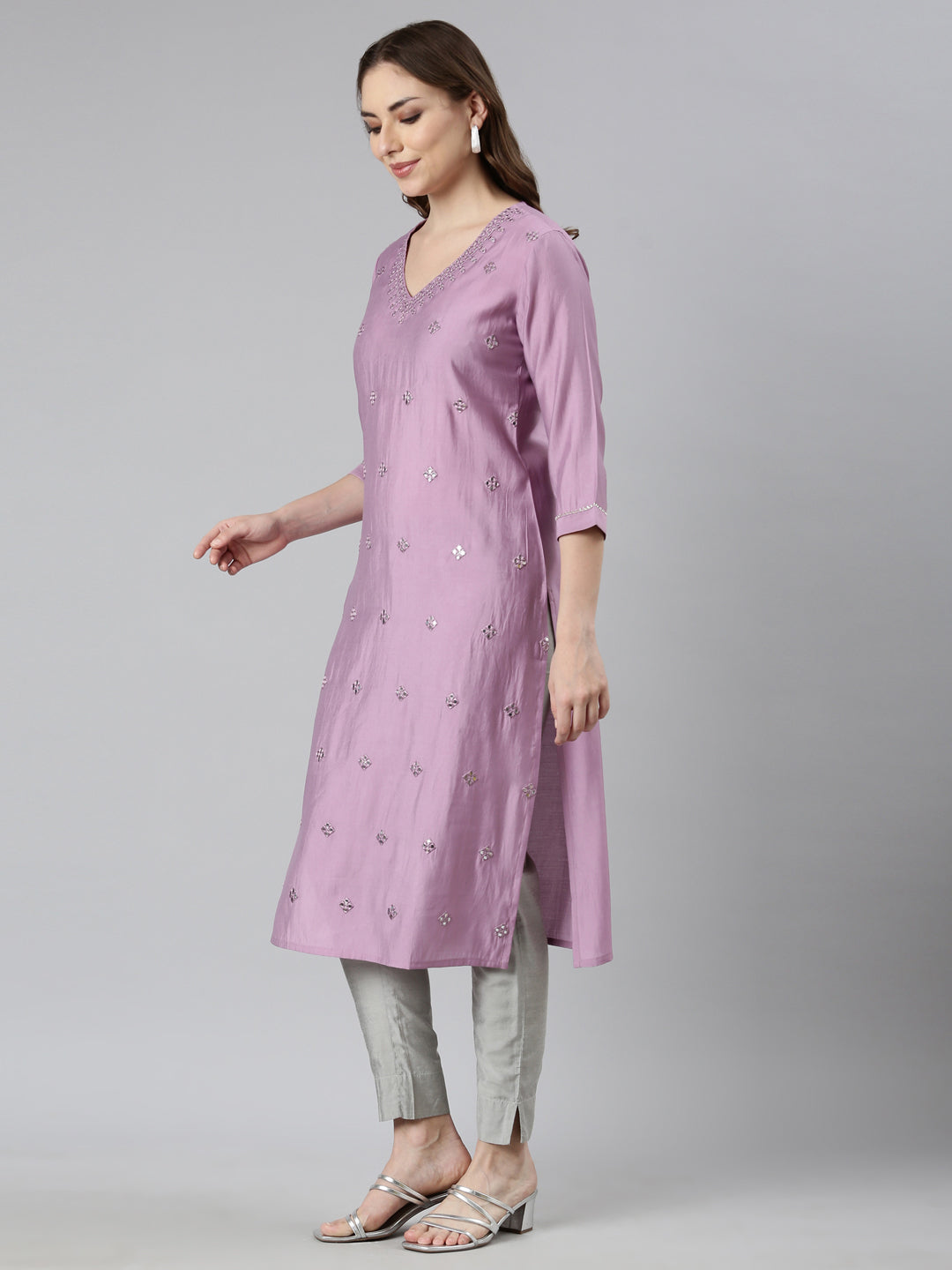 Neerus Lavender Panelled Straight Embellished Kurtas