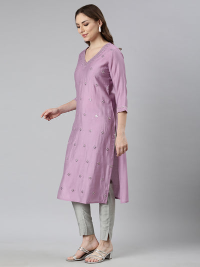 Neerus Lavender Panelled Straight Embellished Kurtas